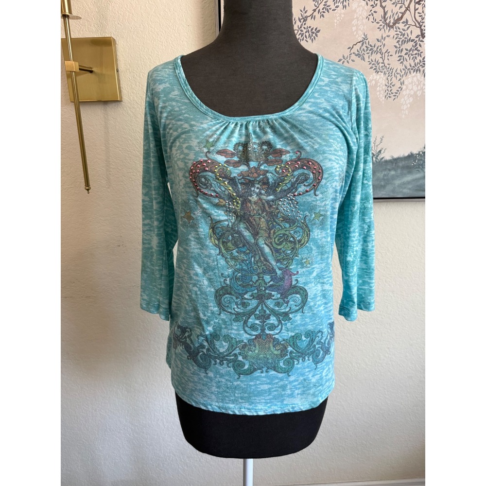 Yukiko Turquoise Burnout Graphic Top Rhinestone 3/4 Sleeve Scoop Neck Medium